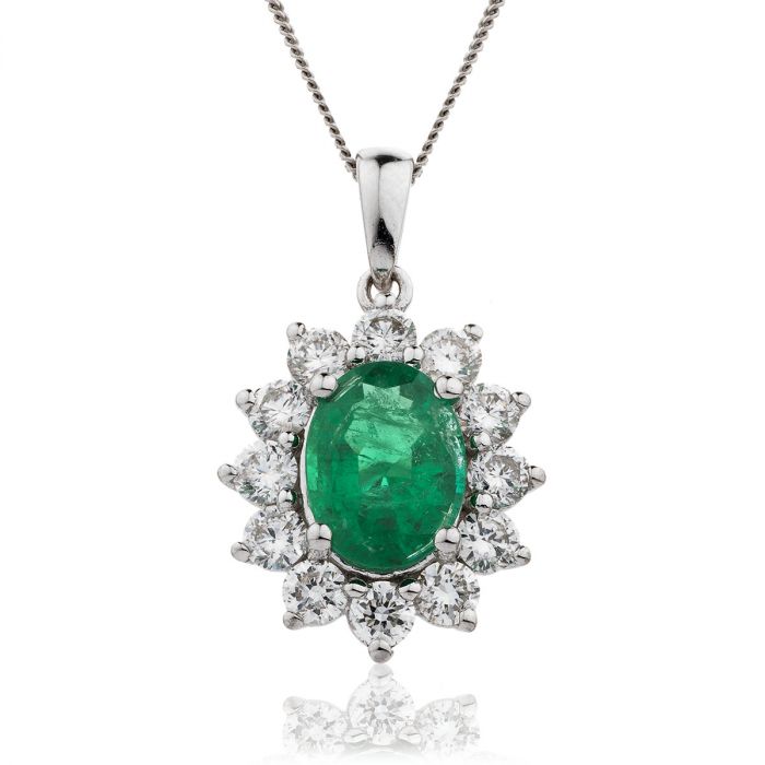 Oval 12 Stone Cluster Emerald Diamond Pendant
