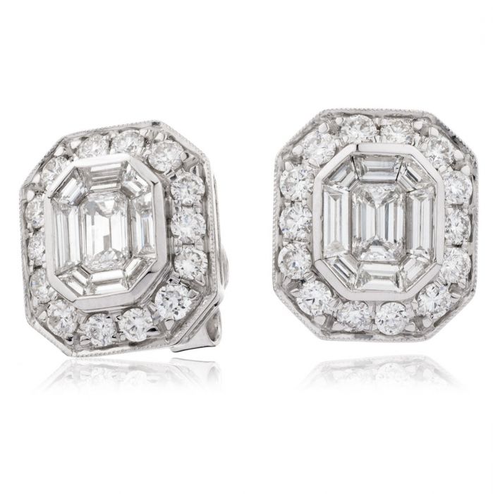 Halo Baguette And Round Cut Diamond Earrings Studs
