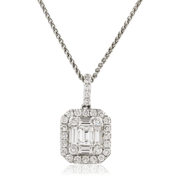 Micro Set Halo Round Baguette Cuts Diamond Pendant