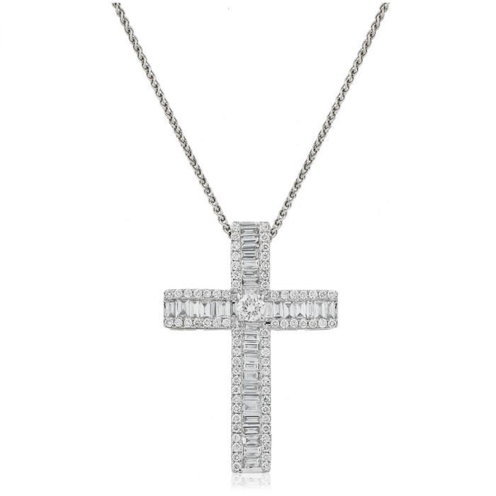 Straight Round Baguette Cut Cross Diamond Pendant