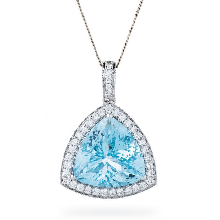 Trilliant Cut Aquamarine Halo Diamond Pendant