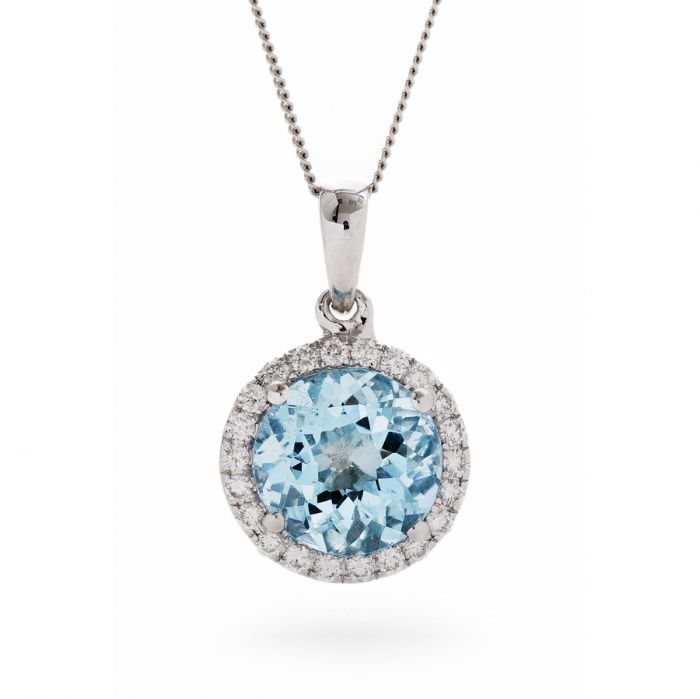 Round Cut Aquamarine Diamond Halo Pendant