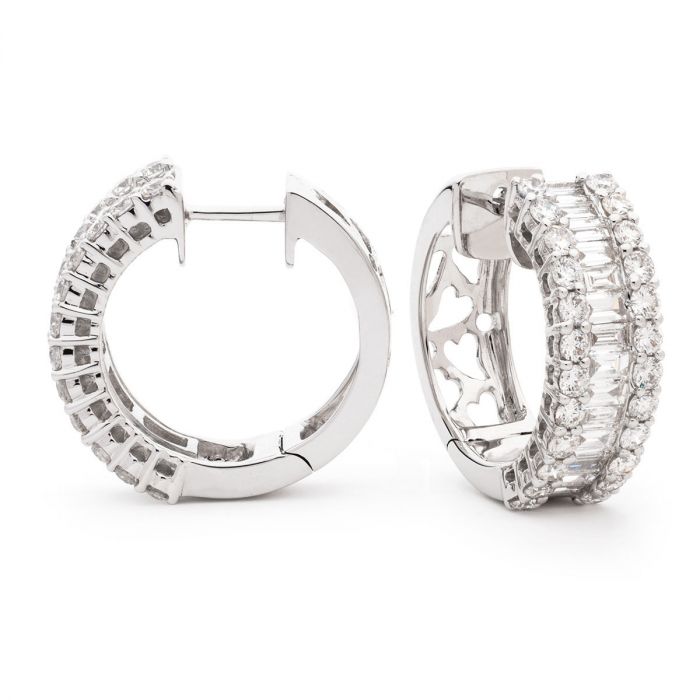 Round and Baguette Cut Hoops Diamond Earrings