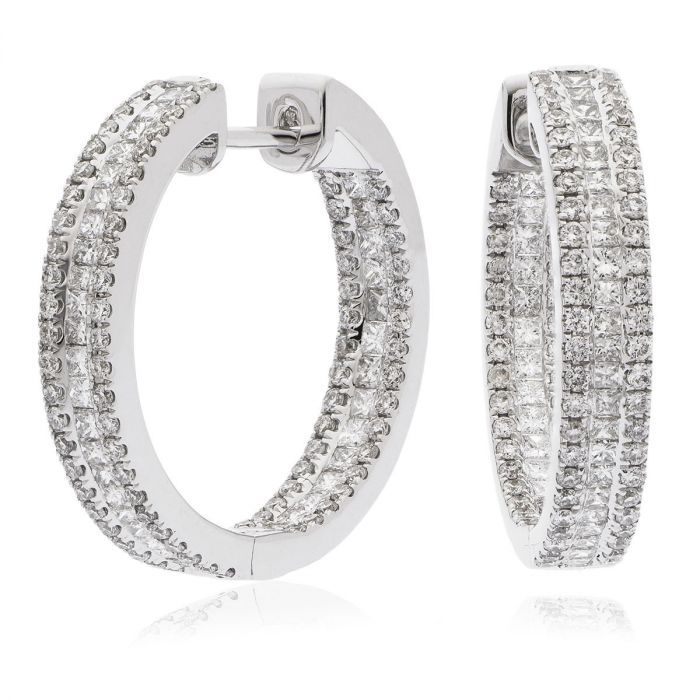 In and Out Princess Cut 3 Row Diamonds Hoop Earrings | Reve Diamonds