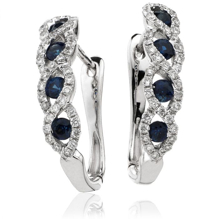 Blue Sapphire Wave Set Diamond Hoop Earring