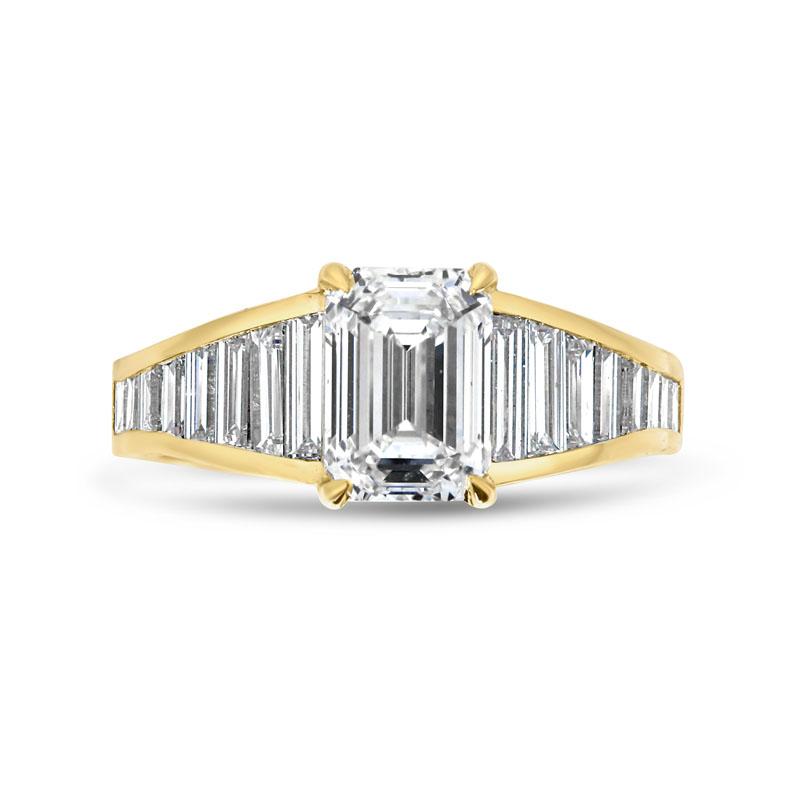 Emerald Shape Reversed Tapered Baguettes Set Diamond Engagement Ring