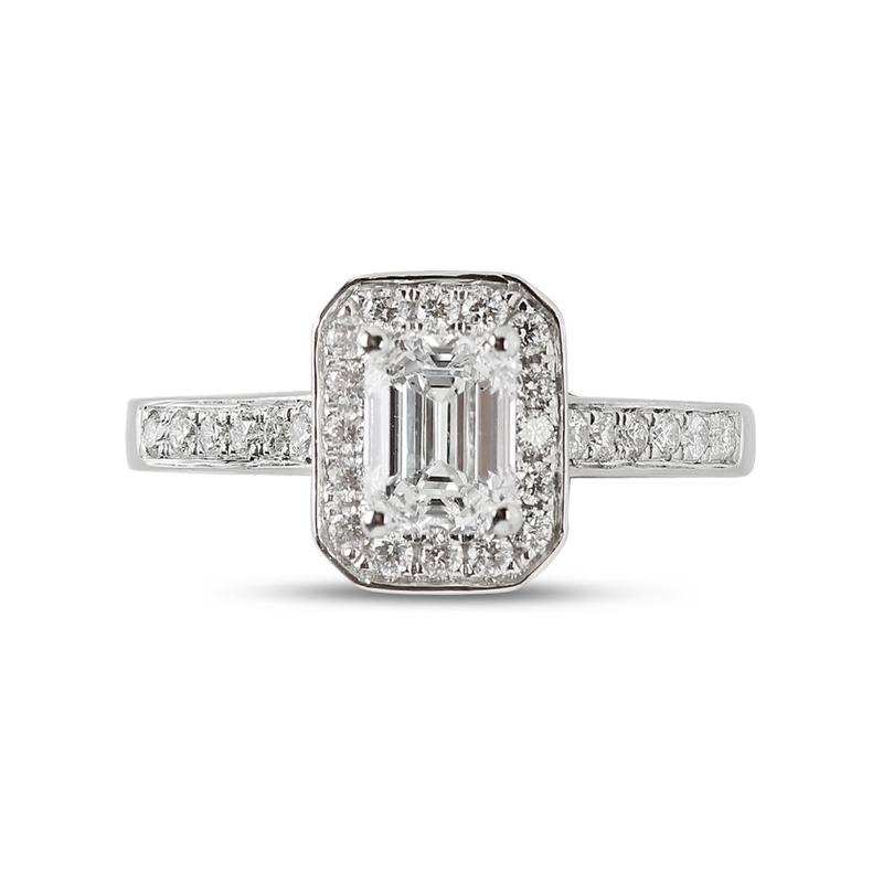 Emerald Shape Pave Set Halo Diamond Engagement Ring