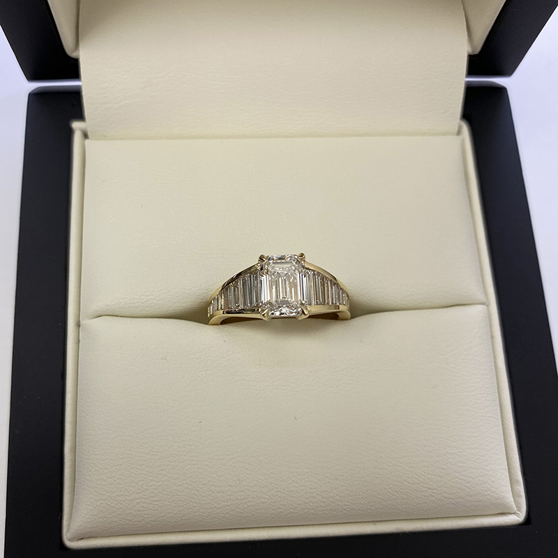 Emerald Cut Reversed Tapered Baguettes Set Diamond Engagement Ring