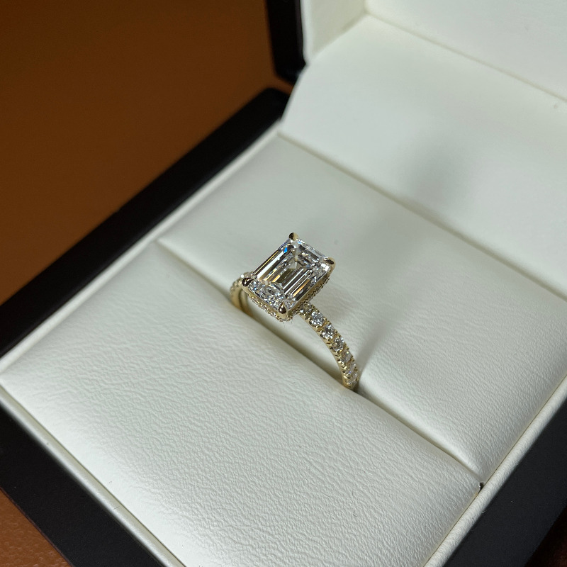 Emerald Cut Micro Set Under Halo Diamond Engagement Ring