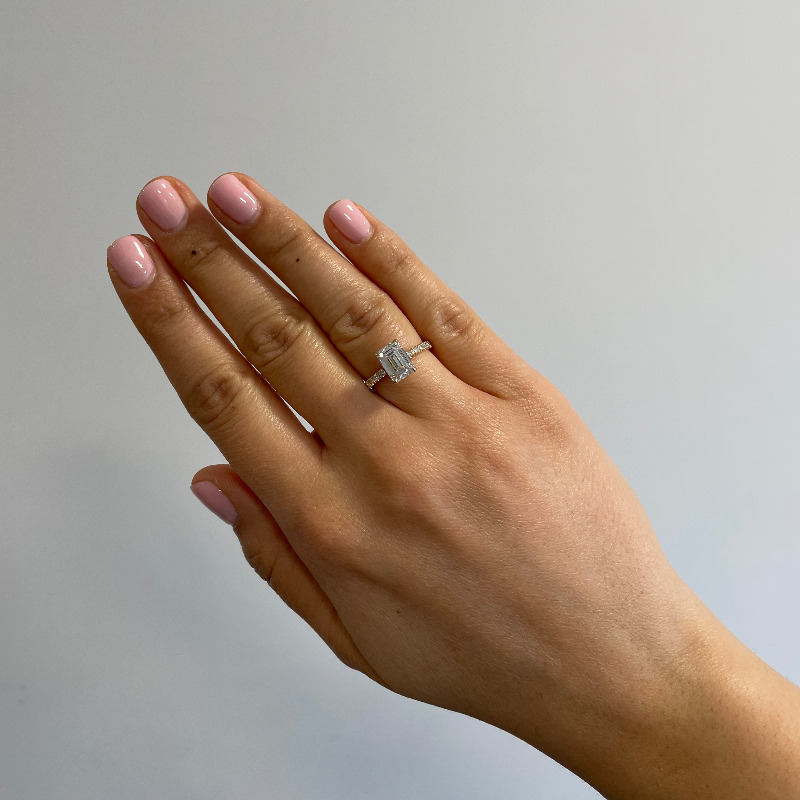 Emerald Cut Micro Set Under Halo Diamond Engagement Ring