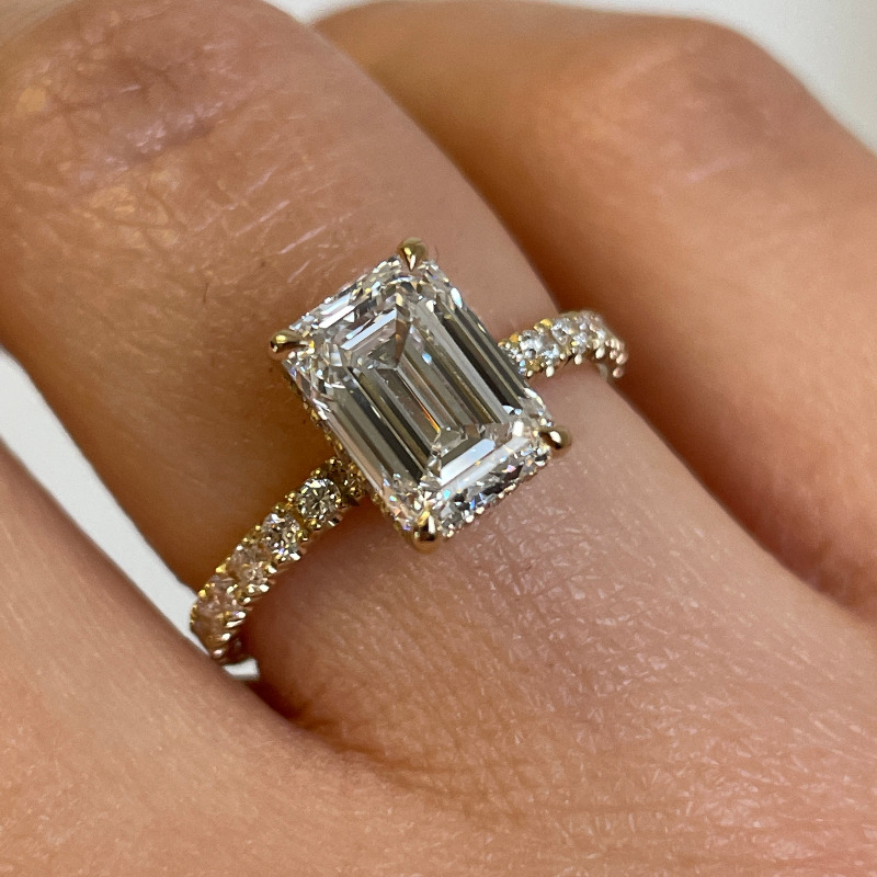 Emerald Cut Micro Set Under Halo Diamond Engagement Ring