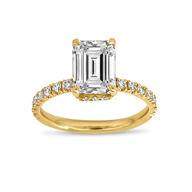 Emerald Cut Micro Set Under Halo Diamond Engagement Ring