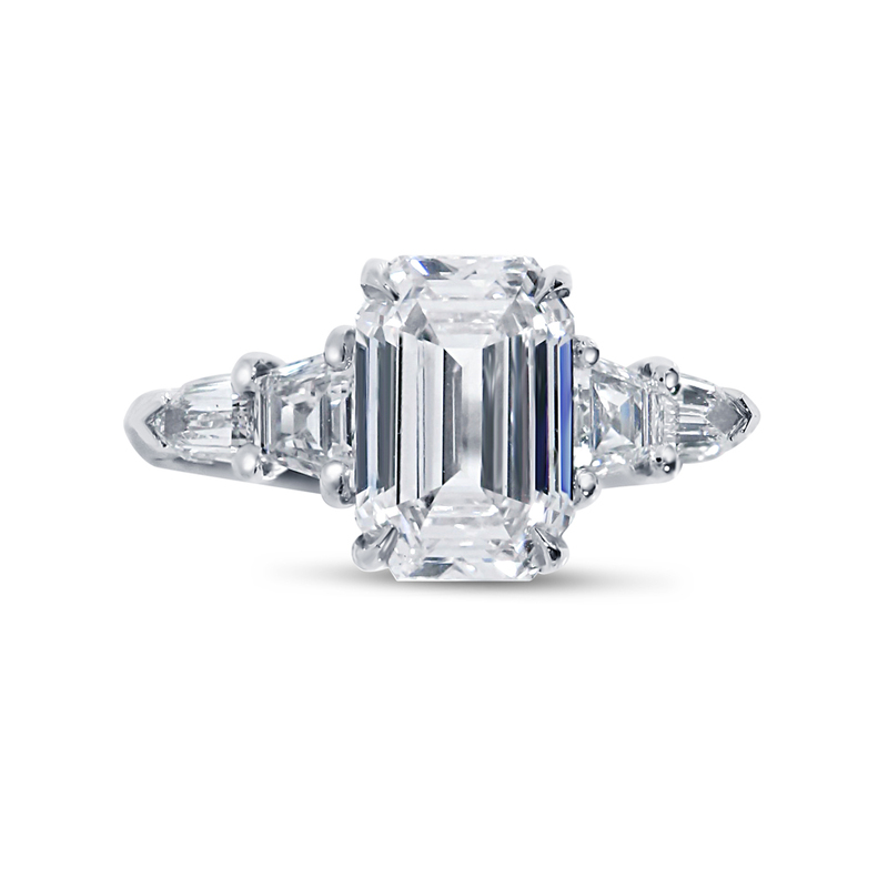 Emerald Cut Trapezoid and Bullets Side Diamond Engagement Ring
