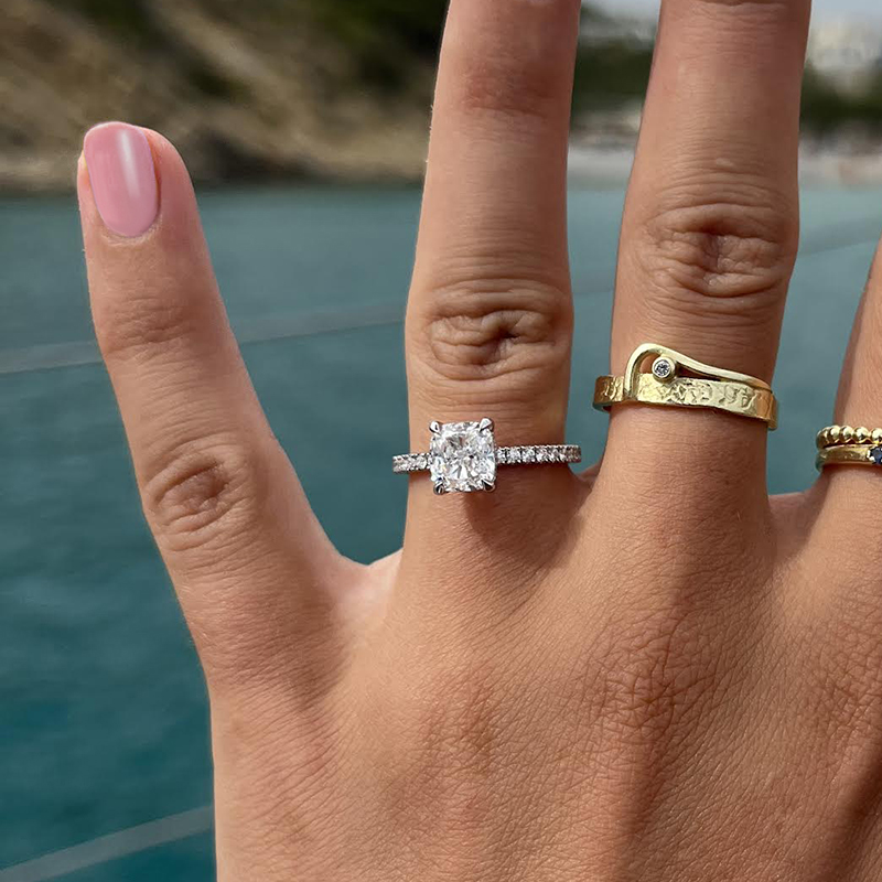 Cushion Cut Diamond Micro Set Engagement Ring R ve