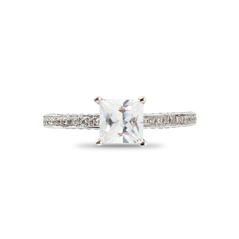 Four Claw Princess Cut Pave Setting On Inner Sides of The Diamond Engagement Ring Band Top View