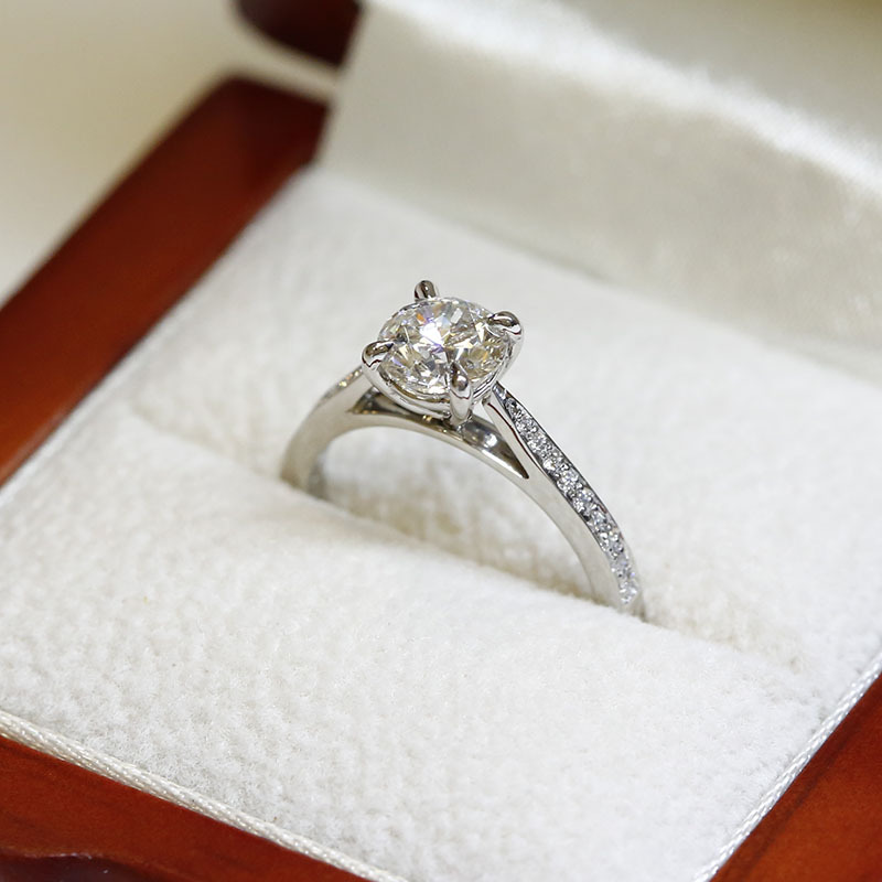 Tapered Band Pave Setting Round Shape Diamond Engagement Ring