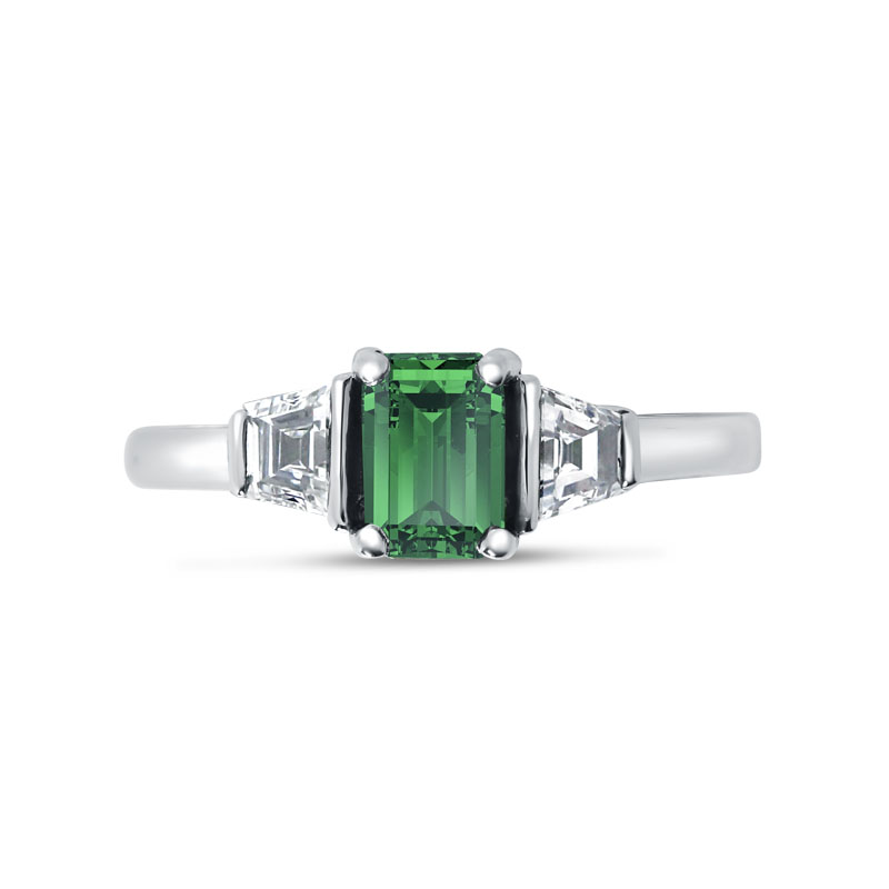 Green Emerald Trapezoid Side Diamonds Engagement Ring