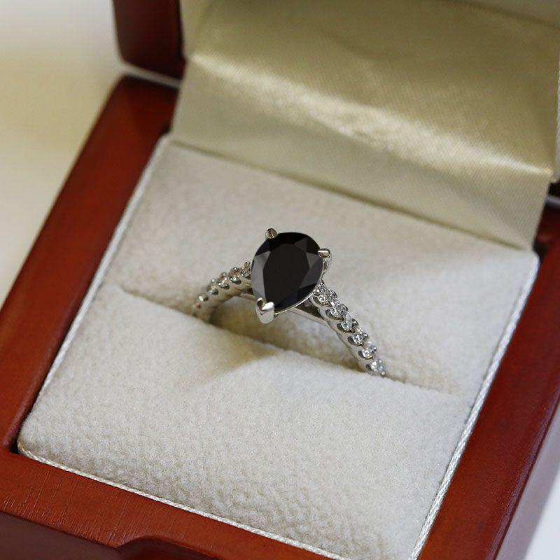 Pear Cut Black Diamond Fishtail Setting Engagement Ring