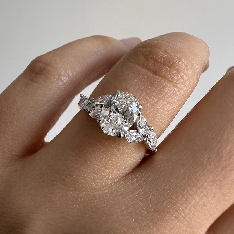 Oval Shape Marquise Side Lab Grown Diamond Engagement Ring