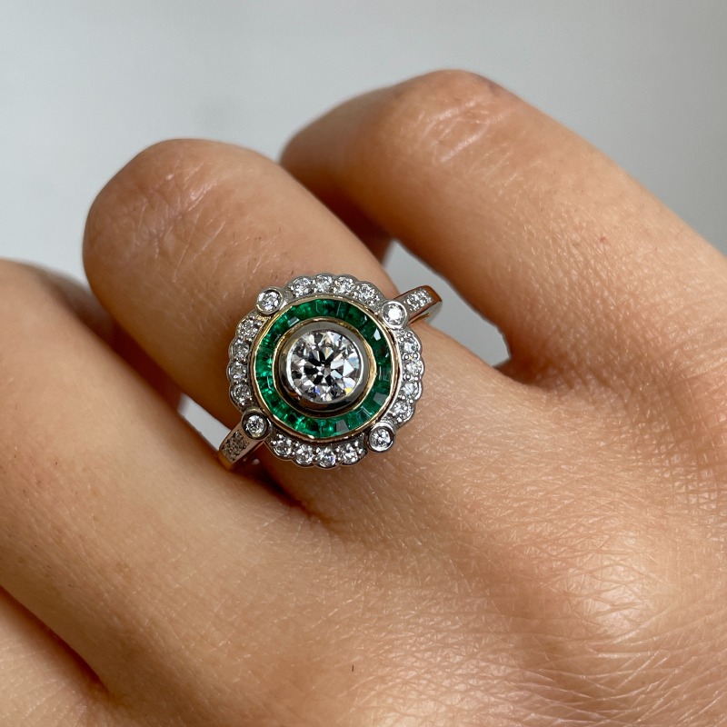 Vintage Style Emerald Halo Diamond Engagement Ring