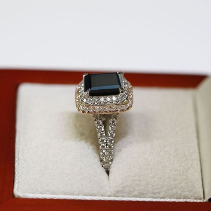 Split Shank Double Halo Emerald Cut Black Diamond Engagement Ring