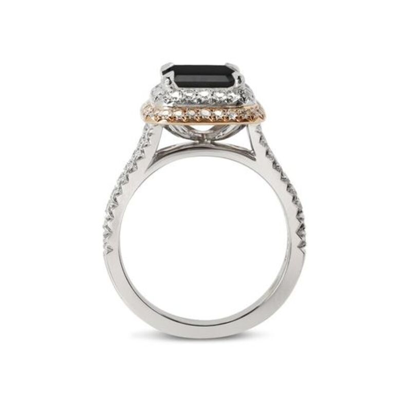 Split Shank Double Halo Emerald Cut Black Diamond Engagement Ring