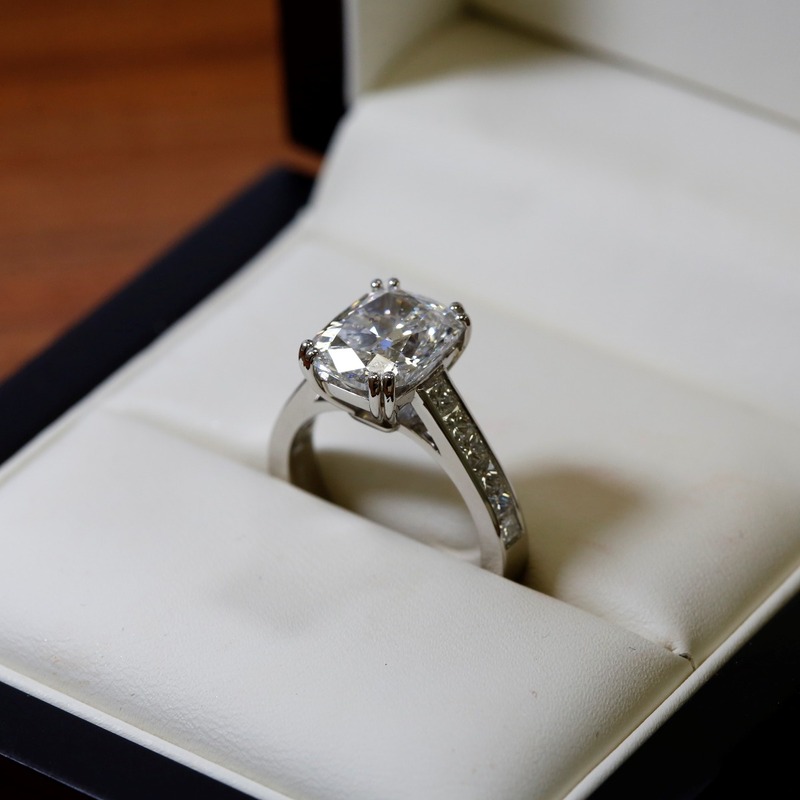 Large Cushion Channel Set Princess Band Diamond Engagement Ring