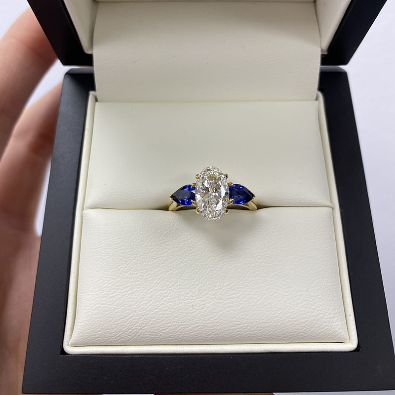 Large Oval Sapphire Pear Side Stones Diamond Engagement Ring