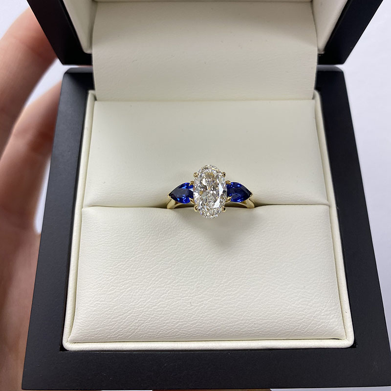 Large Oval Shape Sapphire Pear Side Stones Lab Grown Diamond Engagement Ring