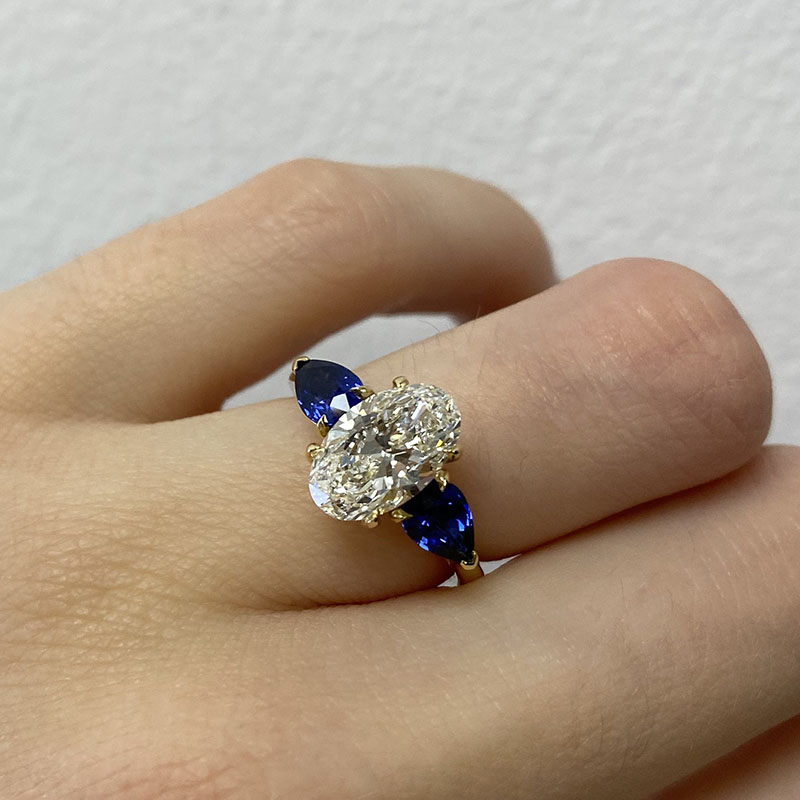 Large Oval Shape Sapphire Pear Side Stones Lab Grown Diamond Engagement Ring