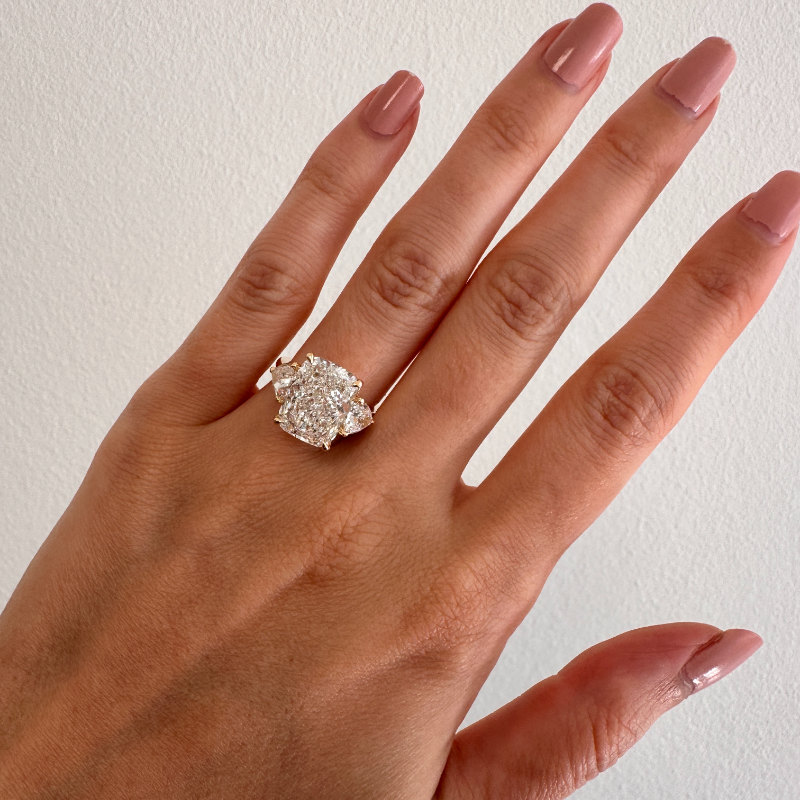 Lab Grown Elongated Cushion and Trillion Side Stone Trilogy Engagement Ring 