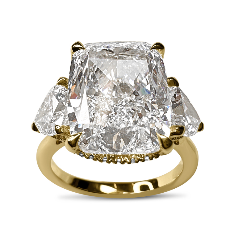 Lab Grown Elongated Cushion and Trillion Side Stone Trilogy Engagement Ring 