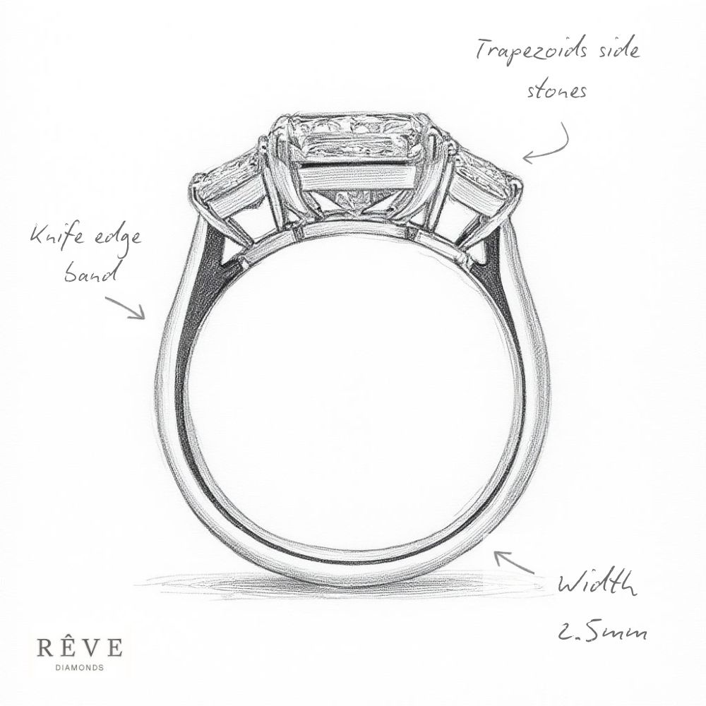 Large Radiant Cut Trapezoids Trilogy White Gold Diamond Engagement Ring