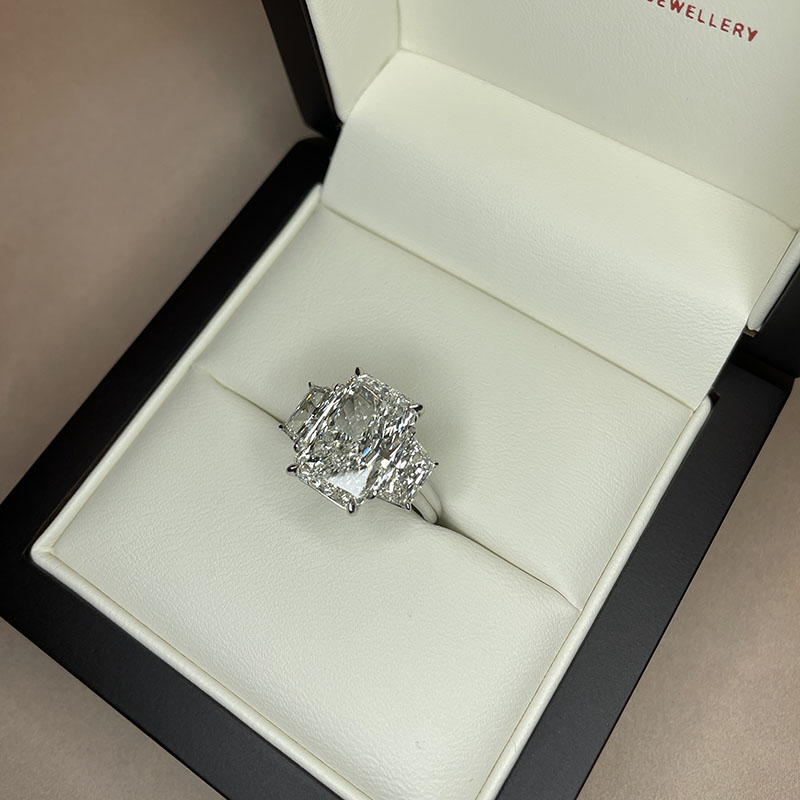 Large Radiant Cut Trapezoids Trilogy Diamond Engagement Ring