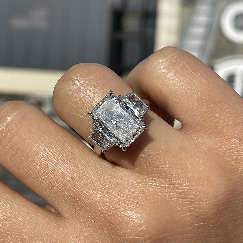 Large Radiant Cut Trapezoids Trilogy Lab Grown Diamond Engagement Ring