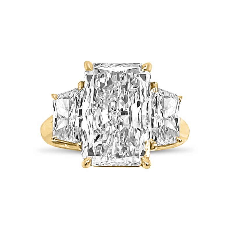 Large Radiant Cut Trapezoids Trilogy Yellow Gold Diamond Engagement Ring