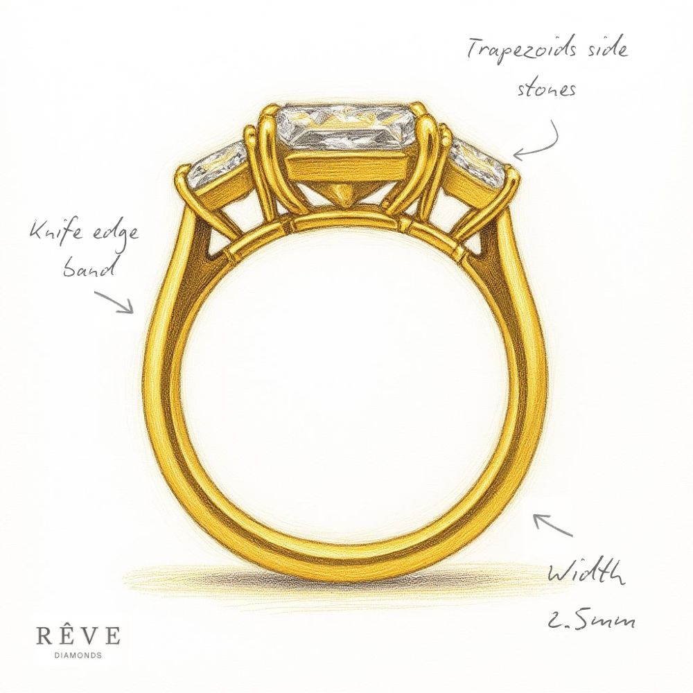 Large Radiant Cut Trapezoids Trilogy Yellow Gold Diamond Engagement Ring