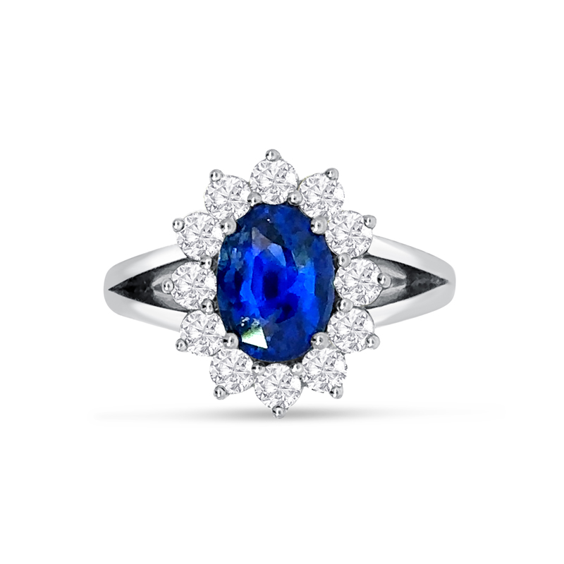 Oval Blue Sapphire Diamond Cluster Split Shank Diamond Engagement Ring 