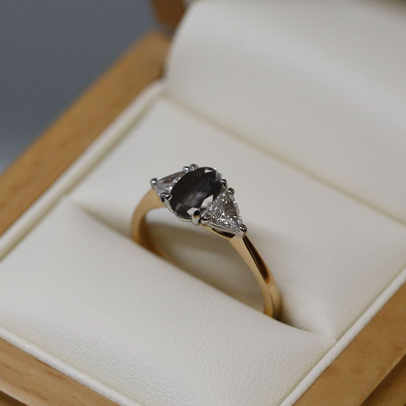 Black Diamond Oval Side Trilliant Engagement Ring