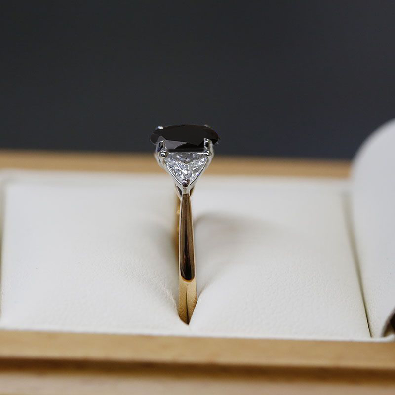 Black Diamond Oval Side Trilliant Engagement Ring