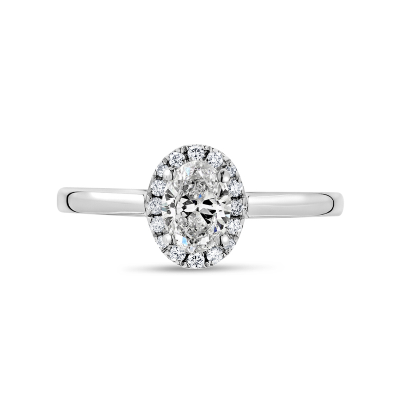 Oval Shape Plain Band Diamond Halo Engagement Ring