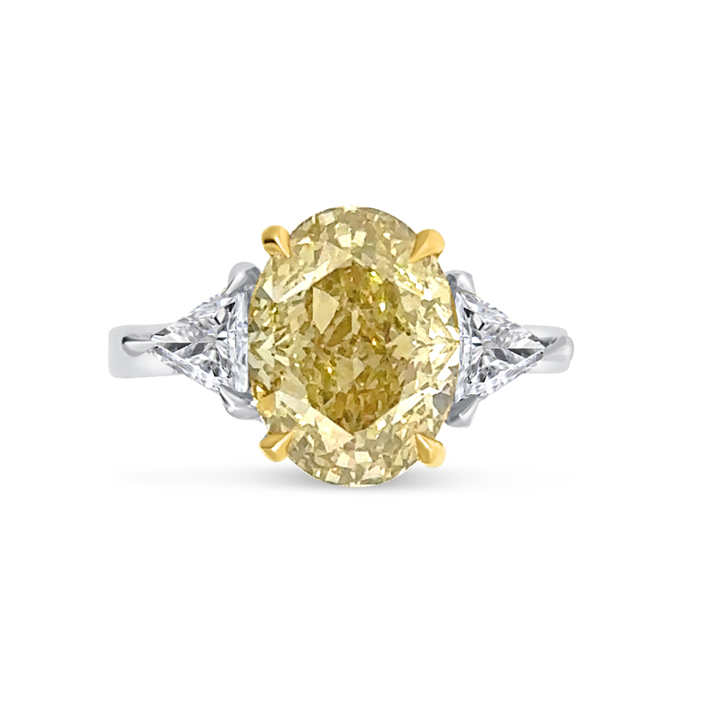 Yellow Oval Diamond Triangle Side Stones Engagement Ring