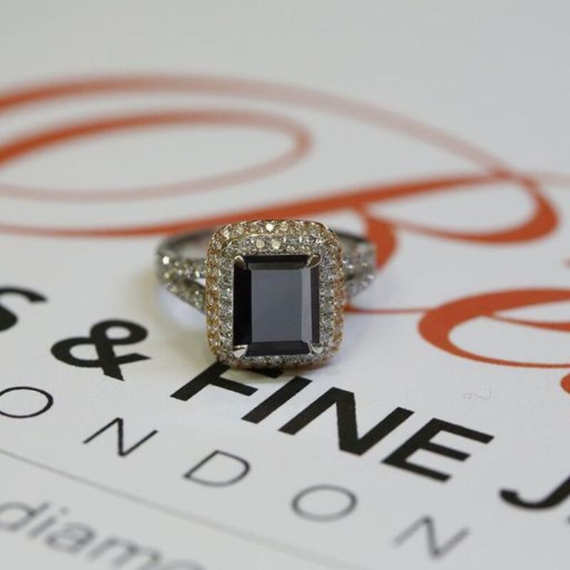 Split Shank Double Halo Emerald Cut Black Diamond Engagement Ring