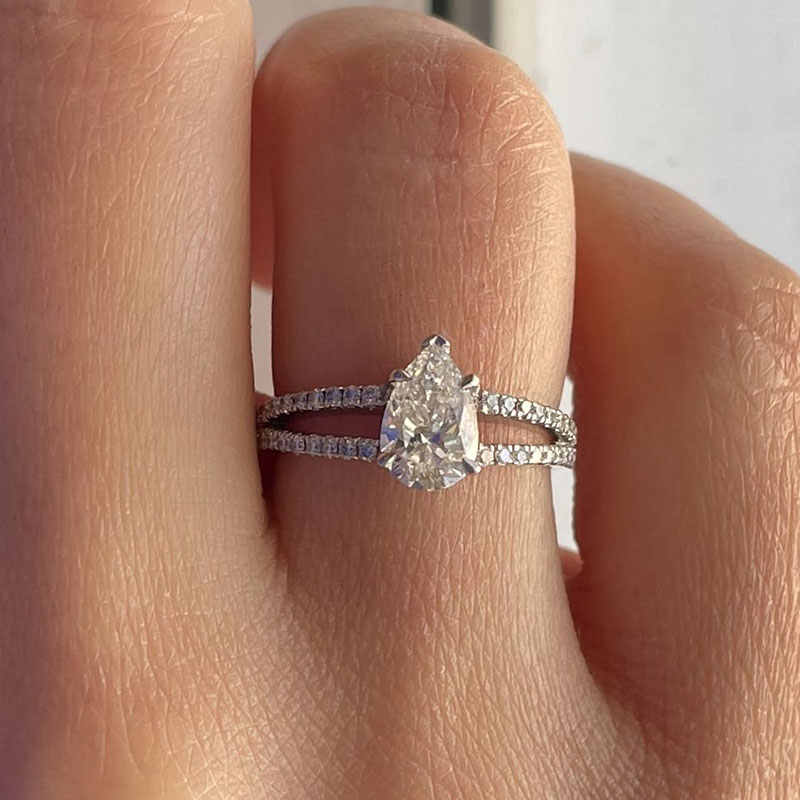 Pear cut micro set split shank lab grown Diamond Engagement Ring