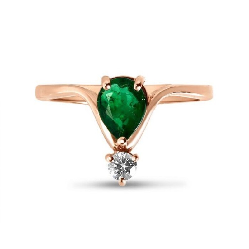 Pear Shape Green Emerald and Small Diamond Engagement Ring