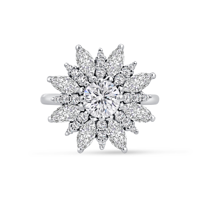 Round Center Marquise Floral Cluster Diamond Engagement Ring