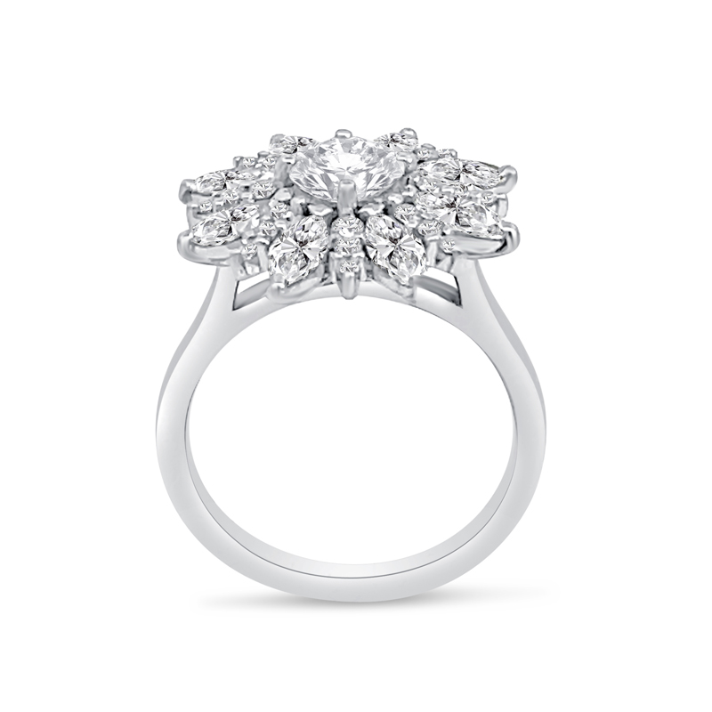 Round Center Marquise Floral Cluster Diamond Engagement Ring