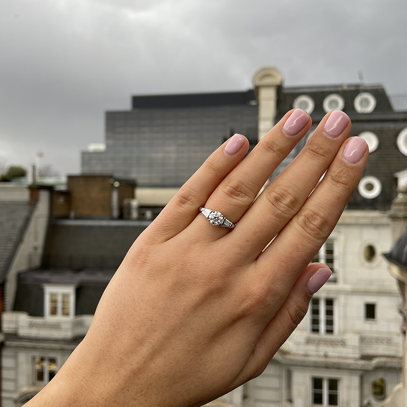 Round Shape And Tapered Baguettes Lab Grown Diamond Engagement Ring