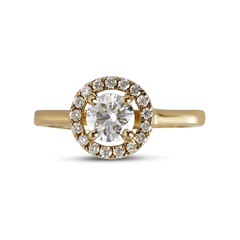 Yellow Gold Round Cut Diamond Halo Engagement Ring