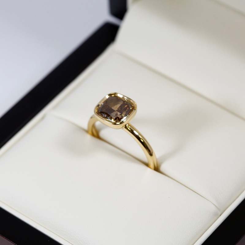 Lab Grown Yellow Brownish Cushion Diamond Engagement Ring